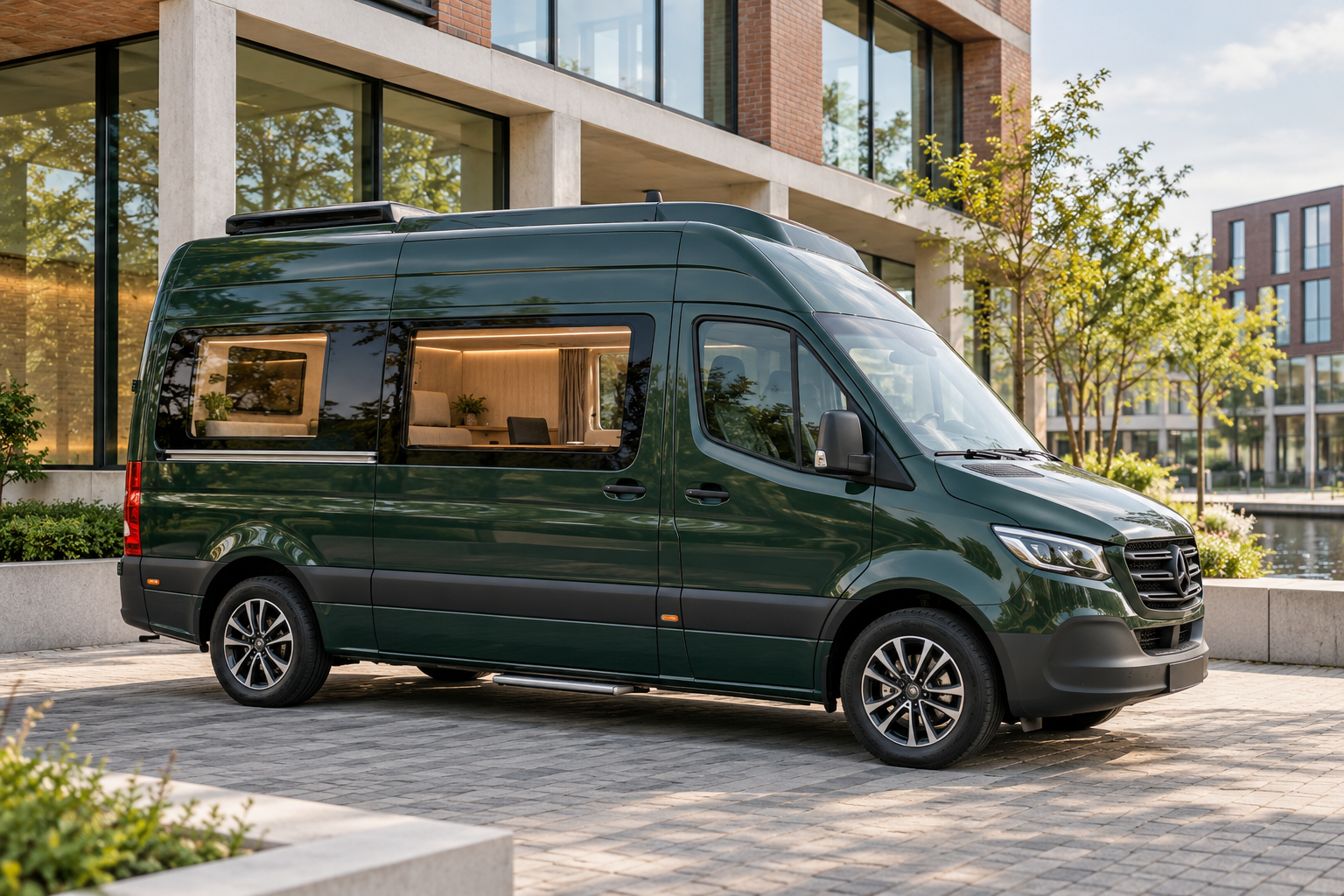 Sfeerimpressie van een donkergroen rijdend advocatenkantoor bij moderne architectuur